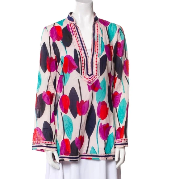 Tory Burch Tulip Print Cotton Tunic Size 0 - Picture 2 of 12